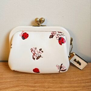 Coach White Leather Coin Purse with Red Ladybug & Pink Floral Print